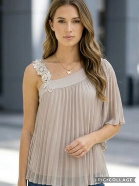 Studio Y Beige Top Chiffon Pleated Embellished Applique Strap NWT S Romantic